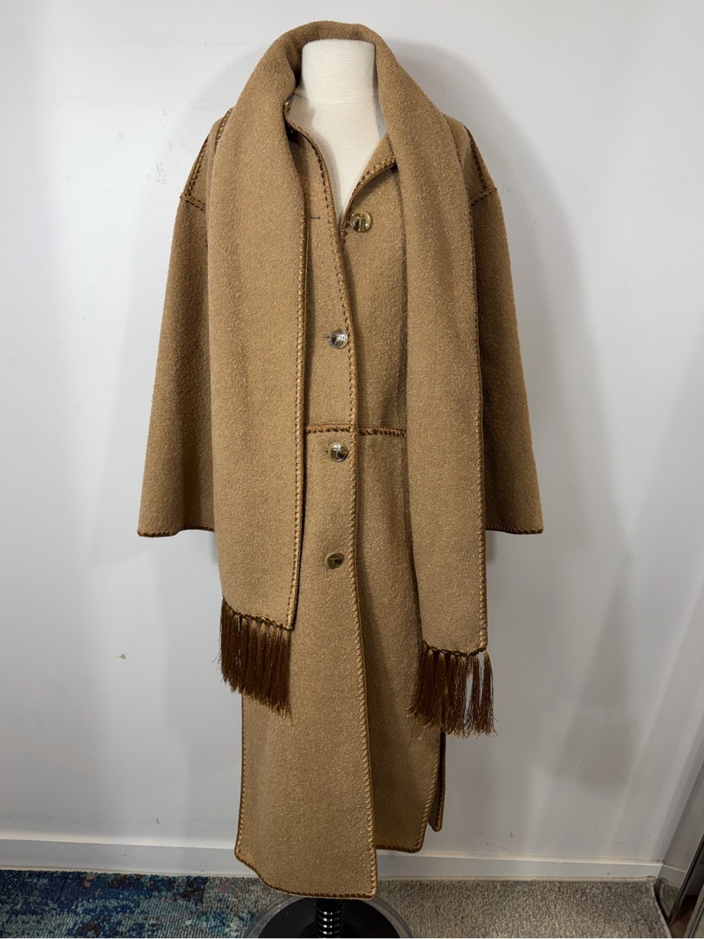 TOTEME Embroidered Scarf Coat Camel Brown FR 30 US 00 XXS Fringe Long Coat
